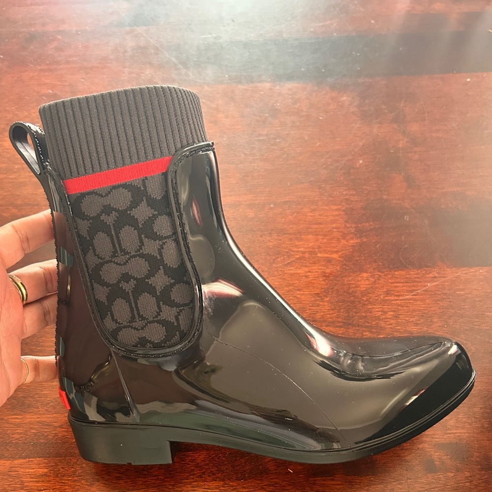 Coach Glossy Black Rain Boots with Red Trim - Picture 2 of 4
